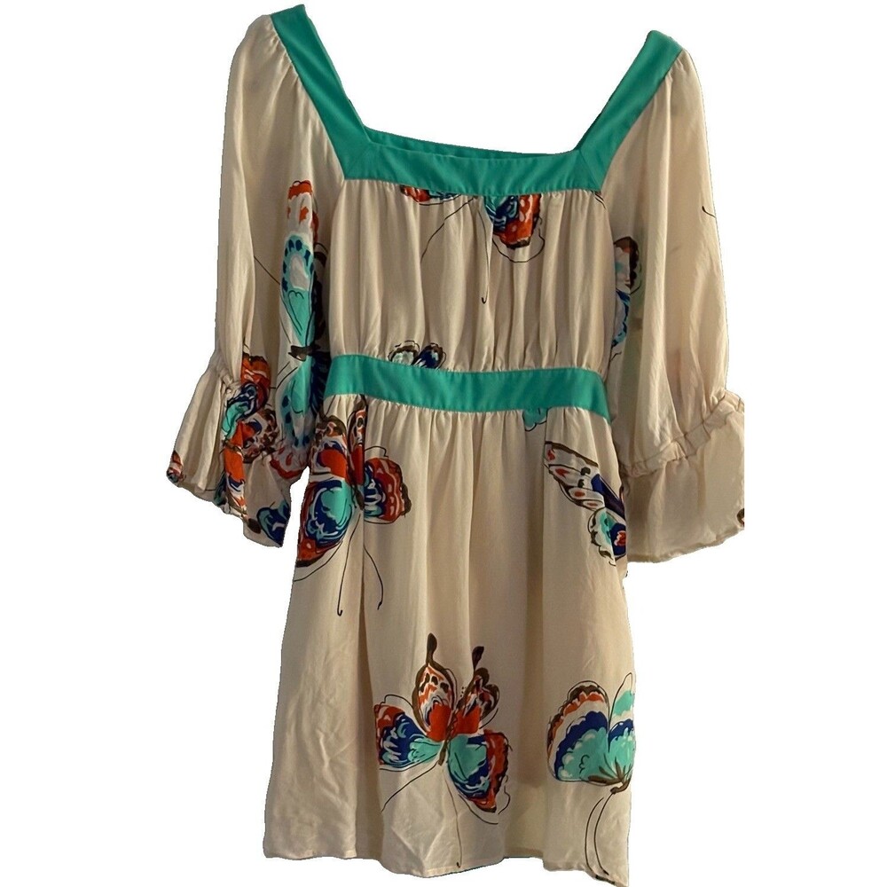 Gracie Ivory Butterfly Print Satin Silk A-Line Dress Tie Belt 3/4 Bell M